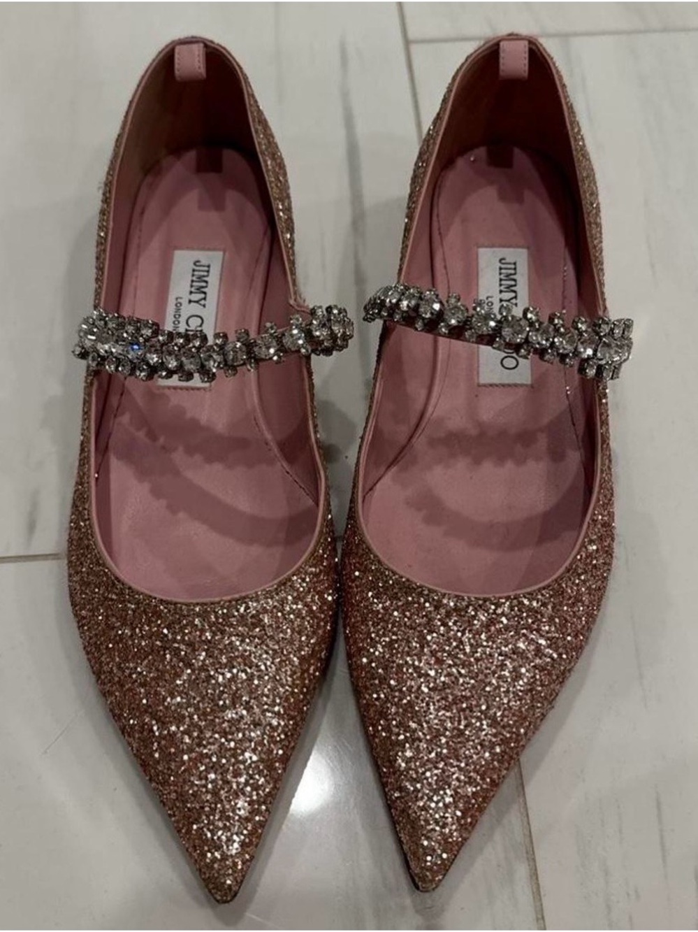 Jimmy Choo Rose Pink Glitter Pointed Flats with Crystal Strap